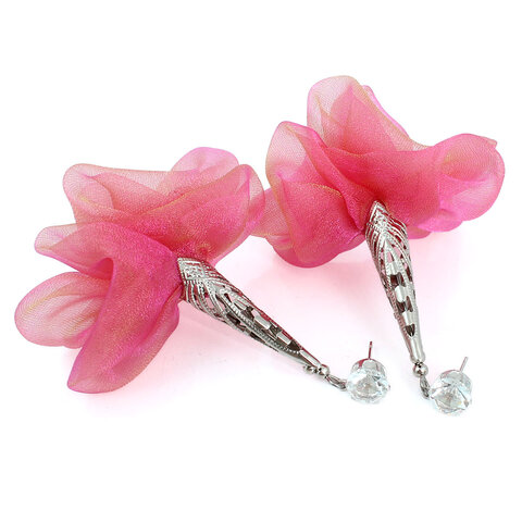 Długie kolczyki kwiaty mieniące się różowe pomarańczowe sztyfty