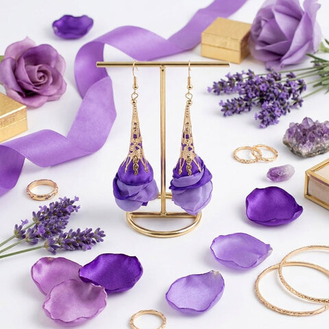 Kolczyki z tkaniny fioletowe ażurowe kwiaty złote KC gold – Lume Design