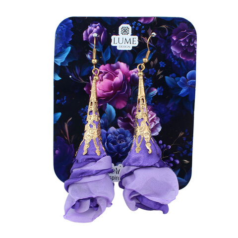 Kolczyki z tkaniny fioletowe ażurowe kwiaty złote KC gold – Lume Design