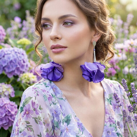 Duże kolczyki z tkaniny fioletowe kwiaty awangardowe srebrne handmade