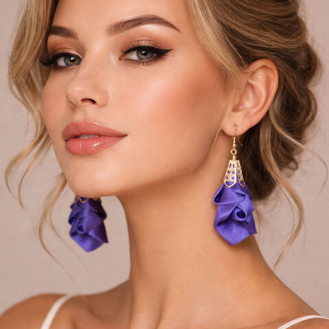Kolczyki z tkaniny fioletowo granatowe ażurowe kwiaty złote – Lume Design