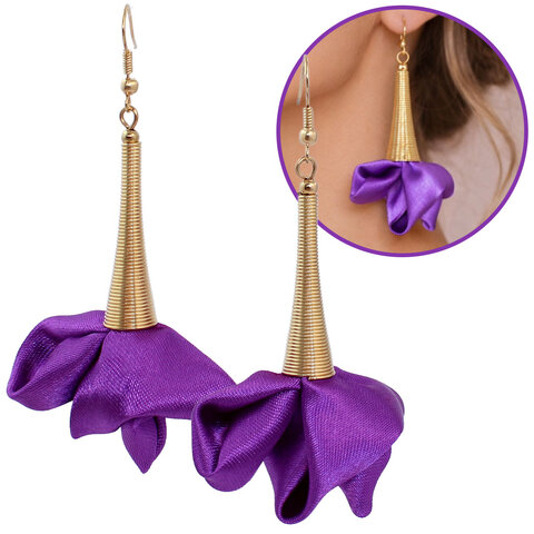 Kolczyki z tkaniny fiolet biskupi długie kwiaty złote KC gold – Lume Design