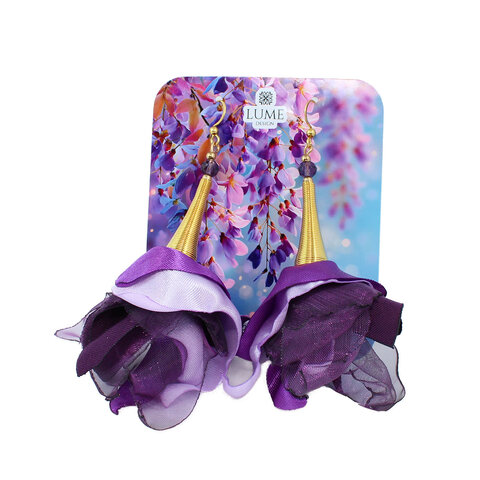 Kolczyki z tkaniny fiolet lawenda kwiaty złote wykończenia – Lume Design