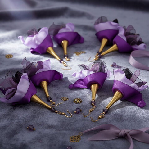 Kolczyki z tkaniny fiolet lawenda kwiaty złote wykończenia – Lume Design