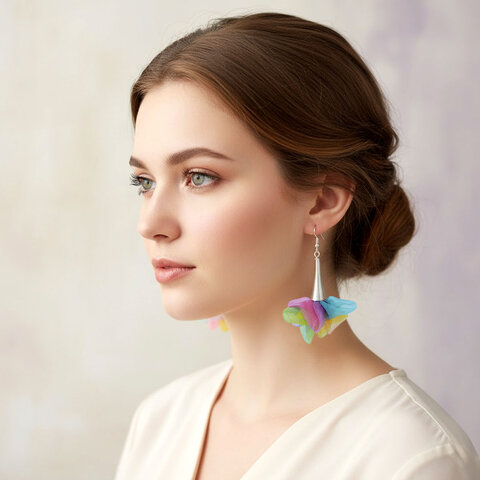Kolczyki tęczowe z tkaniny w formie lekkich kwiatów – Lume Design