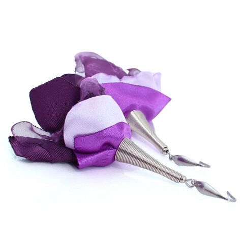 Kolczyki z tkaniny fioletowe długie kwiaty ciemne srebro stal