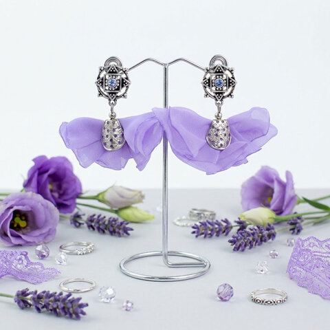 Kolczyki Kwiaty Wiszące Lawendowe Sztyfty Lekkie