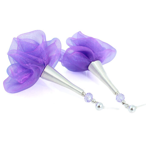 Kolczyki z tkaniny fioletowe z różowym połyskiem kwiaty srebrne sztyft