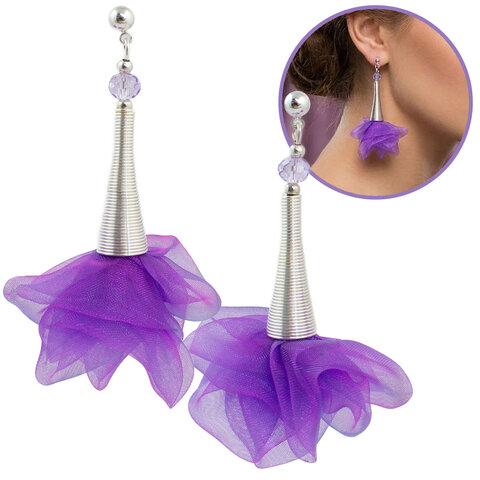 Kolczyki z tkaniny fioletowe z różowym połyskiem kwiaty srebrne sztyft