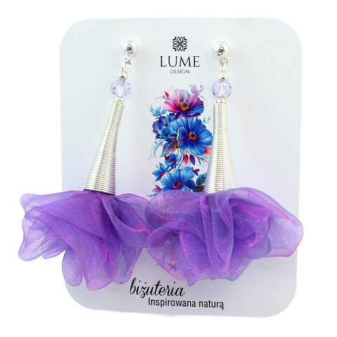 Kolczyki z tkaniny fioletowe z różowym połyskiem kwiaty srebrne sztyft