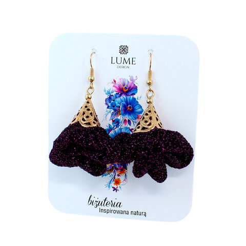 Kolczyki z tkaniny ciemny fiolet brokat złote wykończenia – Lume Design