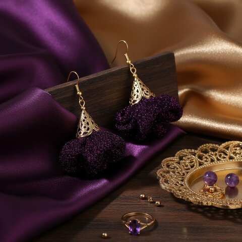 Kolczyki z tkaniny ciemny fiolet brokat złote wykończenia – Lume Design