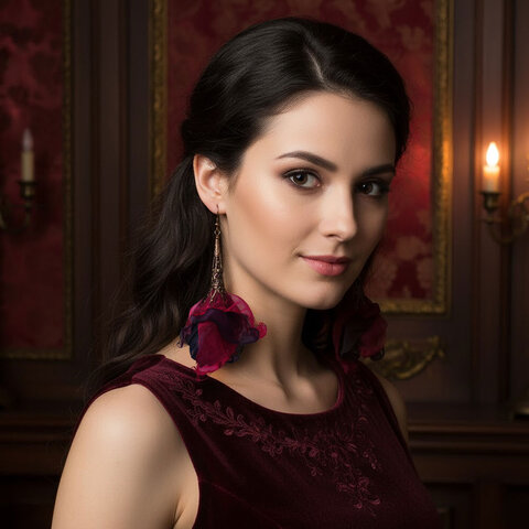 Kolczyki z tkaniny fiolet malinowy kwiaty witchy gothic – Lume Design