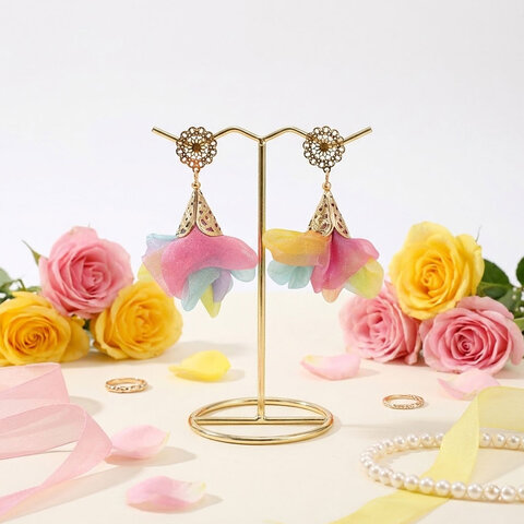 Kolczyki z tkaniny kolorowe lekkie kwiaty handmade pastelowe złote