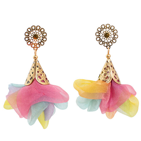 Kolczyki z tkaniny kolorowe lekkie kwiaty handmade pastelowe złote