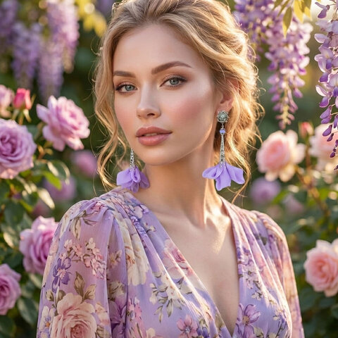 Kolczyki z tkaniny lawendowe wrzosowe długie lekkie handmade ażurowe