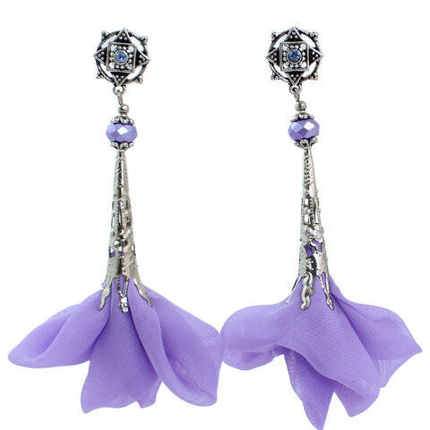 Kolczyki z tkaniny lawendowe wrzosowe długie lekkie handmade ażurowe