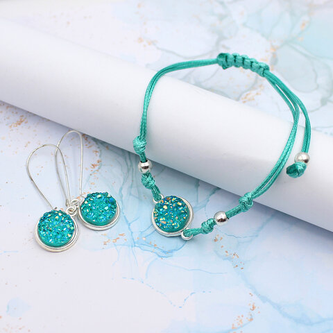Komplet biżuterii bransoletka kolczyki turkusowe druzy