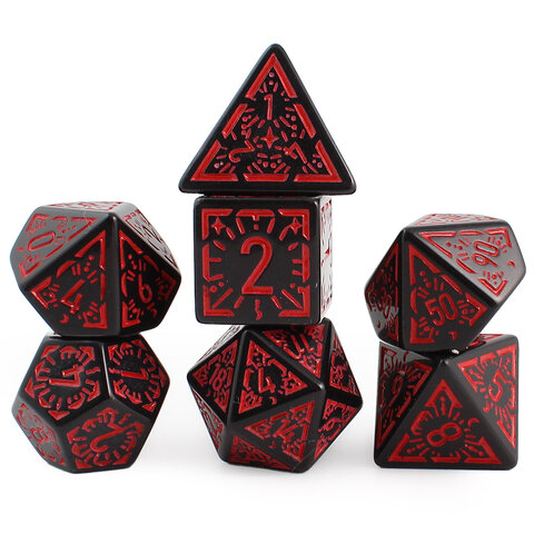 Zestaw 7 czarnych akrylowych kości RPG z czerwonymi runami, ramkami i cyframi | Akrylowe Kości Infernal Runes Lume Design