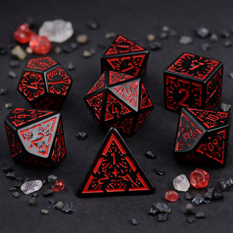 Zestaw 7 czarnych akrylowych kości RPG z czerwonymi runami, ramkami i cyframi | Akrylowe Kości Infernal Runes Lume Design