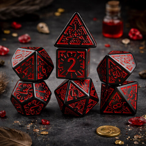 Zestaw 7 czarnych akrylowych kości RPG z czerwonymi runami, ramkami i cyframi | Akrylowe Kości Infernal Runes Lume Design