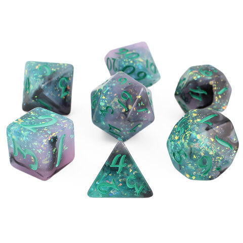 Zestaw 7 żywicznych kości RPG o zaokrąglonych krawędziach ze wzorem miętowo-szarego dymu i błyszczącymi drobinkami | Żywiczne Kości Spectral Mint Lume Design