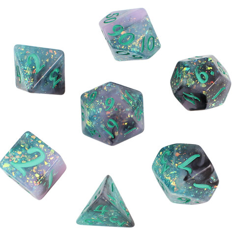 Zestaw 7 żywicznych kości RPG o zaokrąglonych krawędziach ze wzorem miętowo-szarego dymu i błyszczącymi drobinkami | Żywiczne Kości Spectral Mint Lume Design