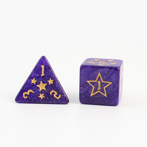 Zestaw 7 akrylowych kości RPG o zaokrąglonych krawędziach w kolorze fioletowym ze złotymi gwiazdkami | Akrylowe Kości Amethyst Stars Lume Design