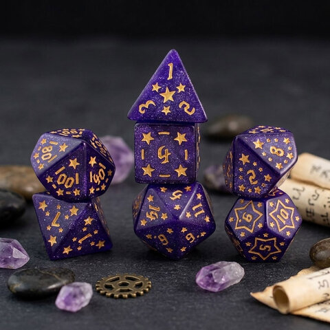 Zestaw 7 akrylowych kości RPG o zaokrąglonych krawędziach w kolorze fioletowym ze złotymi gwiazdkami | Akrylowe Kości Amethyst Stars Lume Design