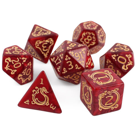 Zestaw 7 akrylowych kości RPG o zaokrąglonych krawędziach w kolorze czerwonego marmuru ze zdobieniami smoków | Akrylowe Kości Dragon's Ruby Lume Design Zestaw 7 akrylowych kości RPG o zaokrąglonych krawędziach w kolorze czerwonego marmuru ze zdobieniami smoków | Akrylowe Kości Dragon's Ruby Lume Design