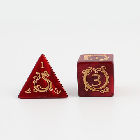 Zestaw 7 akrylowych kości RPG o zaokrąglonych krawędziach w kolorze czerwonego marmuru ze zdobieniami smoków | Akrylowe Kości Dragon's Ruby Lume Design Zestaw 7 akrylowych kości RPG o zaokrąglonych krawędziach w kolorze czerwonego marmuru ze zdobieniami smoków | Akrylowe Kości Dragon's Ruby Lume Design