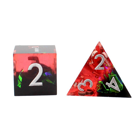 Zestaw 7 kości RPG z żywicy z ostrymi krawędziami w kolorze czarno-czerwonym z folią holograficzną | Kości RPG Void Reaper Lume Design