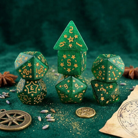 Zestaw 7 akrylowych kości RPG w zielonym kolorze ze złotymi gwiazdkami i cyframi | Akrylowe Kości Emerald Stars Lume Design Zestaw 7 akrylowych kości RPG w zielonym kolorze ze złotymi gwiazdkami i cyframi | Akrylowe Kości Emerald Stars Lume Design