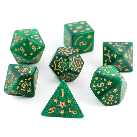 Zestaw 7 akrylowych kości RPG w zielonym kolorze ze złotymi gwiazdkami i cyframi | Akrylowe Kości Emerald Stars Lume Design Zestaw 7 akrylowych kości RPG w zielonym kolorze ze złotymi gwiazdkami i cyframi | Akrylowe Kości Emerald Stars Lume Design