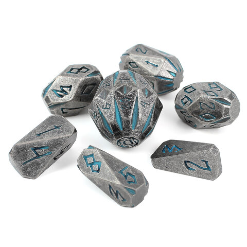 Zestaw ciężkich metalowych kości RPG Ancient Monolith Stonehenge świecące niebieskie runy