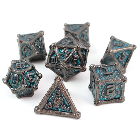 Zestaw ciężkich metalowych kości RPG Azure Dragon's Soul niebieski brokat gunmetal