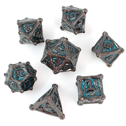 Zestaw ciężkich metalowych kości RPG Azure Dragon's Soul niebieski brokat gunmetal