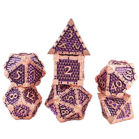 Metalowe kości RPG w kolorze różowego złota z fioletowym wypełnieniem i ornamentami | Kości Metalowe Royal Amethyst & Rose Gold Lume Design