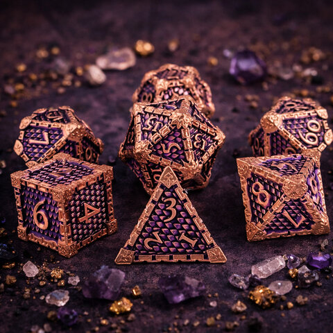 Metalowe kości RPG w kolorze różowego złota z fioletowym wypełnieniem i ornamentami | Kości Metalowe Royal Amethyst & Rose Gold Lume Design