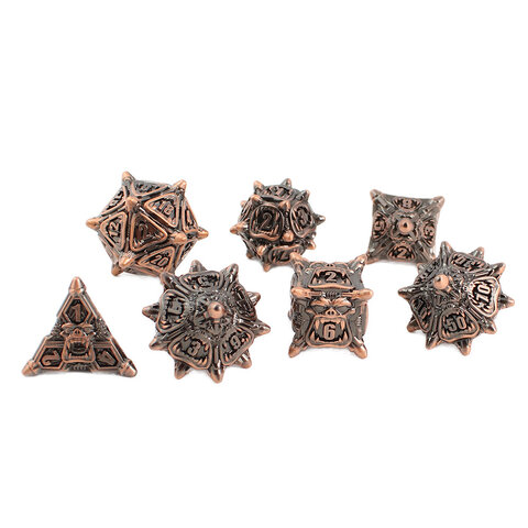 Metalowe kości RPG z motywem twarzy Orków i kolcami w kolorze miedzi | Kości Metalowe Orc Warband Lume Design