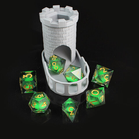 Zestaw 7 kości RPG z żywicy z płynnym zielonym wnętrzem i ostrymi krawędziami | Kości Liquid Core Toxic Surge Lume Design