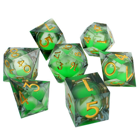 Zestaw 7 kości RPG z żywicy z płynnym zielonym wnętrzem i ostrymi krawędziami | Kości Liquid Core Toxic Surge Lume Design
