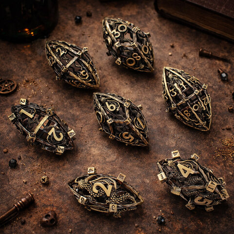 Metalowe ażurowe kości RPG w kształcie smoczych jaj ze wzorem chińskiego smoka | Kości Metalowe Serpent Dragon Eggs Lume Design