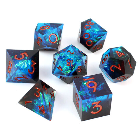 Zestaw kości RPG Celestial Shard z holograficznym blaskiem i miedzianymi cyframi