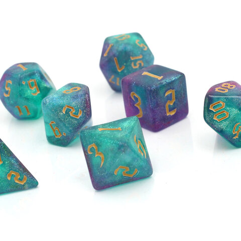 Zestaw kości RPG Aurora Dreams turkusowo-fioletowe z brokatem Zestaw kości RPG Aurora Dreams turkusowo-fioletowe z brokatem