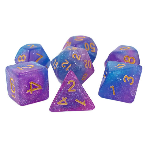 Zestaw brokatowych kości RPG Astro Dust w kolorach niebieskim i fioletowym ze złotymi cyframi. Zestaw brokatowych kości RPG Astro Dust w kolorach niebieskim i fioletowym ze złotymi cyframi.