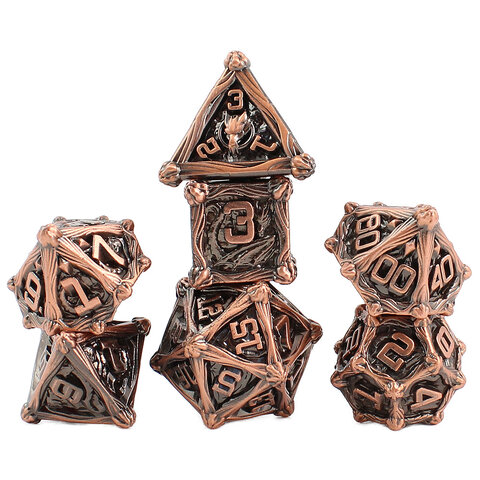 Zestaw 7 metalowych kości RPG w kolorze oksydowanej miedzi z rzeźbieniami | Metalowe Kości Ancient Copper Dragon