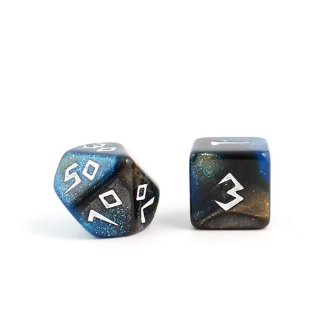 Zestaw 7 akrylowych kości RPG w kolorze granatowo-brązowym z brokatem i unikatową białą czcionką | Akrylowe Kości Bronze Nebula Lume Design Zestaw 7 akrylowych kości RPG w kolorze granatowo-brązowym z brokatem i unikatową białą czcionką | Akrylowe Kości Bronze Nebula Lume Design