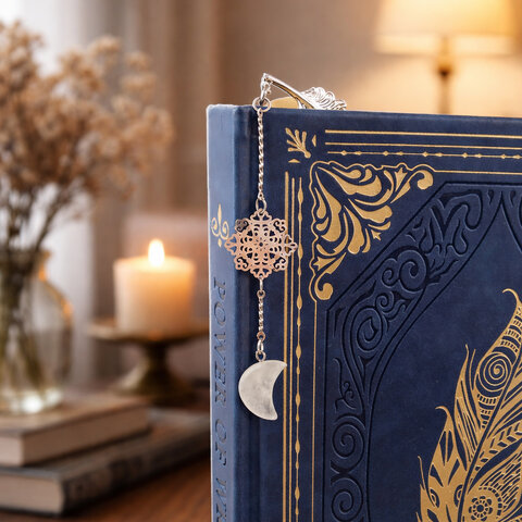 Cienka srebrna zakładka do książki pióro z zawieszką z kryształu górskiego w kształcie księżyca i ażurową rozetką w ozdobnym pudełku. Cienka srebrna zakładka do książki pióro z zawieszką z kryształu górskiego w kształcie księżyca i ażurową rozetką w ozdobnym pudełku.