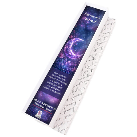 Cienka metalowa zakładka do książki pióro z fioletowym ametystem w kształcie księżyca i stalowym drzewem życia w pudełku.